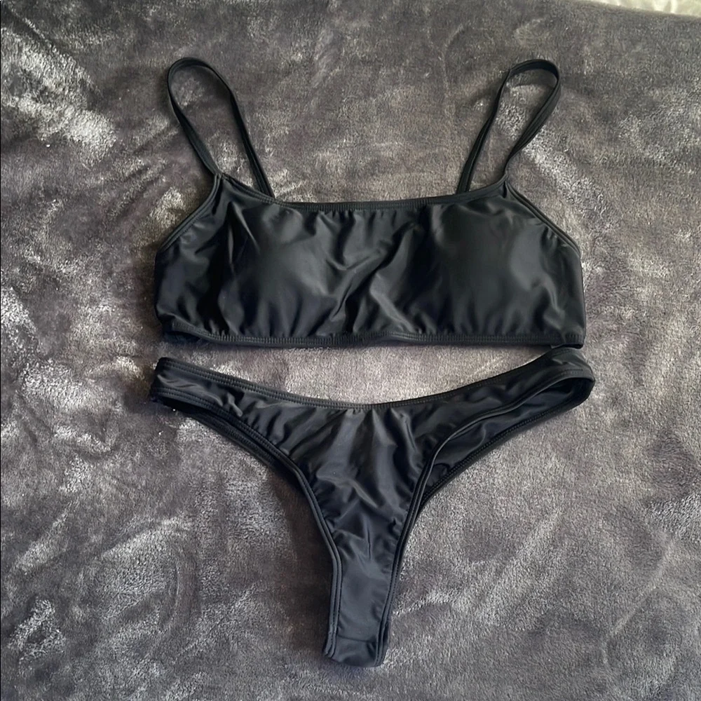 SUMMER MAE Black Minimalist Bikini Set adjustable bralette & cheeky bottom M